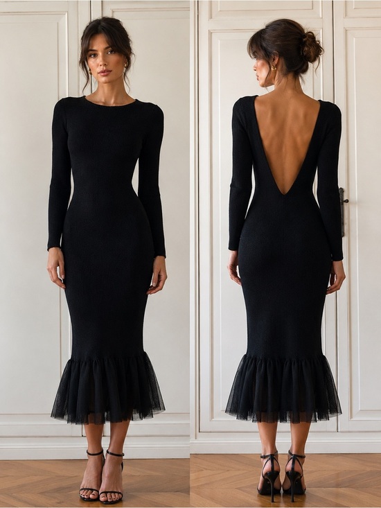 Hunza G Dresses & Skirts - Vtg HUNZA G London Elegant Black Long-Sleeve Backless Midi Dress Rare